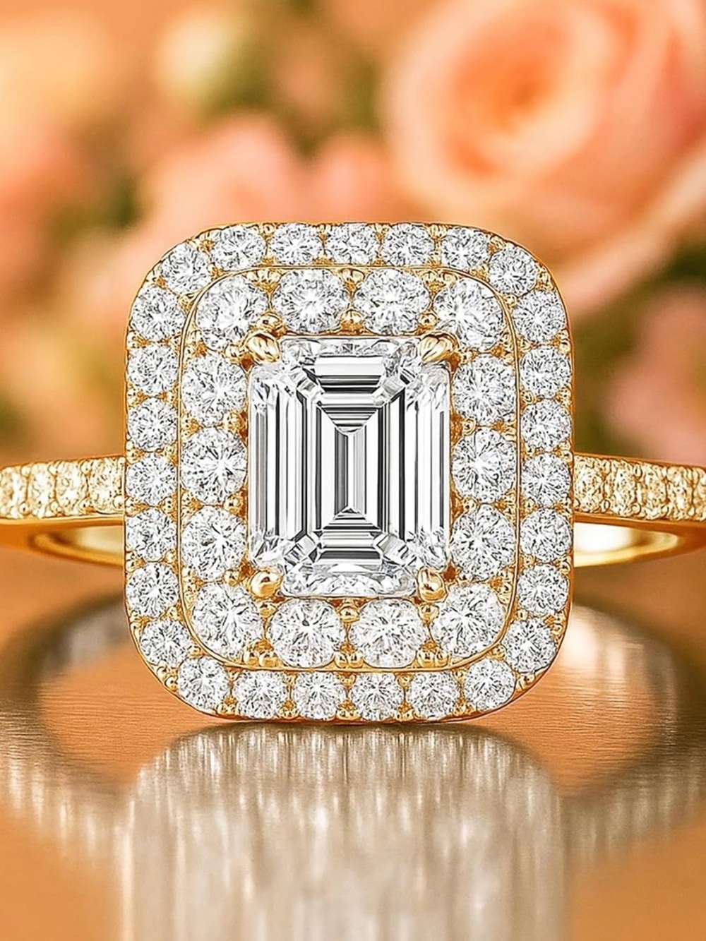 Elegant Gold Halo Emerald-Cut Diamond Ring in Gold